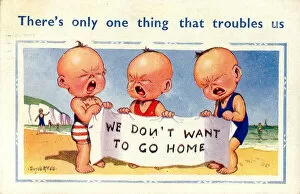 Unhappy Gallery: Comic postcard, Three little boys crying on the beach Date: 20th century