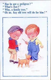 Pedigree Gallery: Comic postcard, Little boys with dog Date: 20th century
