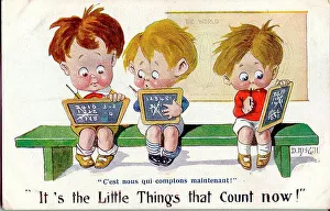 Slate Prints: Comic postcard, Three little boys doing their sums