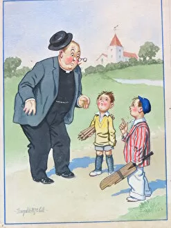 Comic postcard, Little boys and vicar. Please sir, we re forming a cricket club