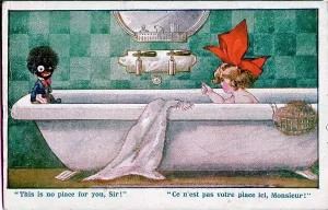 Bathroom Prints: Comic postcard, Little girl in the bath - This is no place for you