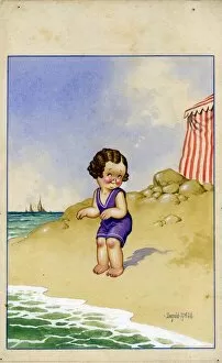 Comic postcard, Little girl on the beach, getting ready for a paddle Date