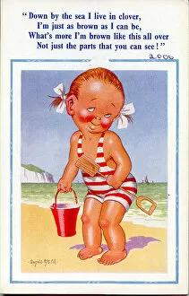 Comic postcard, Little girl on the beach with bucket and spade Date: 20th century