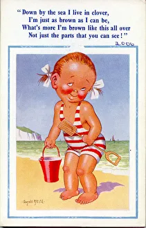Comic postcard, Little girl on the beach with bucket and spade Date: 20th century Comic postcard, Little girl on the beach with bucket and spade Date: 20th century