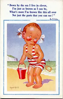Tanned Prints: Comic postcard, Little girl on the beach with bucket and spade Date: 20th century