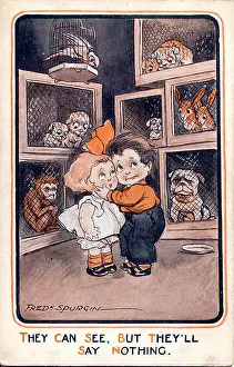 Spurgin Prints: Comic postcard, Little girl and boy with audience of animals - They can see