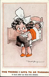 Spurgin Prints: Comic postcard, Little girl and boy in bedroom - The things I have to go through