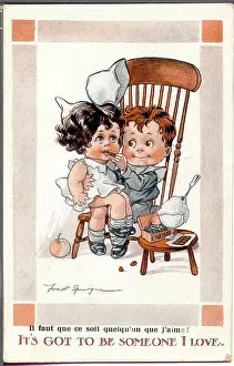 Spurgin Prints: Comic postcard, Little girl and boy on a chair - It's got to be someone I love