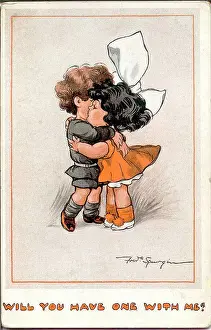 Spurgin Prints: Comic postcard, Little girl and boy hugging and kissing - Will you have one with me? Date: early 20th century