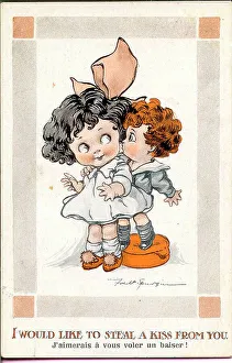 Spurgin Prints: Comic postcard, Little girl and boy kissing