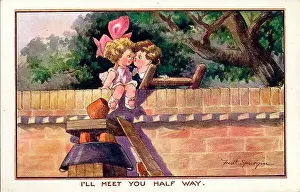 Spurgin Prints: Comic postcard, Little girl and boy kissing on a garden wall - I'll meet you half way