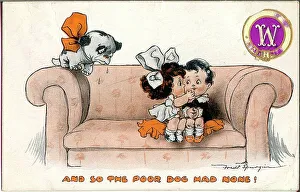 Spurgin Prints: Comic postcard, Little girl and boy kissing on a sofa