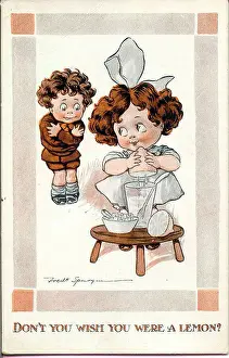Spurgin Prints: Comic postcard, Little girl and boy with lemon - Don't you wish you were a lemon? Date: early 20th century