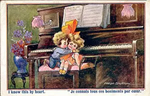 Spurgin Prints: Comic postcard, Little girl and boy on piano stool - I know this by heart