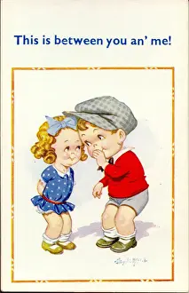 Whispering Prints: Comic postcard, Little girl and boy sharing a secret Date: 20th century