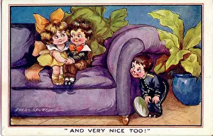Spurgin Prints: Comic postcard, Little girl and boy on a sofa