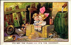 Junk Prints: Comic postcard, Little girl and boy in an untidy back garden - It's not the place - it's the company