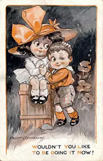 Spurgin Prints: Comic postcard, Little girl and boy - Wouldn't you like to be doing it now! Date: early 20th century