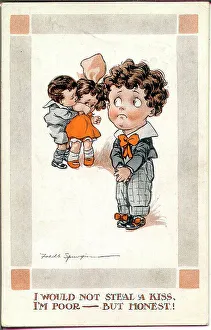 Spurgin Prints: Comic postcard, Little girl and two boys - I would not steal a kiss