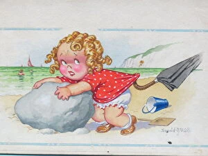 Images Dated 14th August 2015: Comic postcard, Little girl clinging to rock on the beach. I don t want to leave