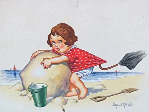 Images Dated 21st August 2015: Comic postcard, Little girl clinging to rock on the beach
