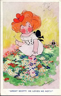 Daisies Prints: Comic postcard, little girl with daisies - Great Scott! He loves me not!! Date: circa 1930s