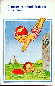 Comic postcard, Little girl diving into the sea near boy. Date: 20th century