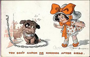 Spurgin Prints: Comic postcard, Little girl and dog - You don't catch me running after girls