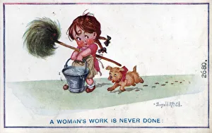Images Dated 23rd March 2021: Comic postcard, Little girl doing the housework