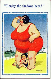 Rotund Prints: Comic postcard, Little girl and enormous woman on the beach Date: 20th century