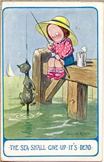 Comic postcard, Little girl fishing at the seaside Date: 20th century Comic postcard, Little girl fishing at the seaside Date: 20th century