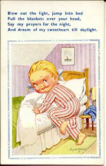 Comic postcard, Little girl getting into bed Date: 20th century Comic postcard, Little girl getting into bed Date: 20th century