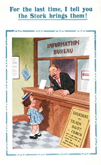 Excursions Prints: Comic postcard, Little girl at Information Bureau