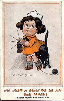 Spurgin Prints: Comic postcard, Little girl with knitting and cat - I'm just a goin to be an old maid! Date: early 20th century