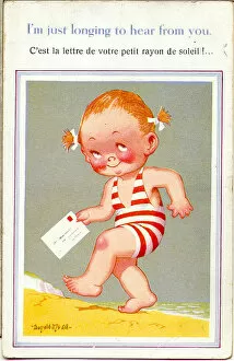 Sunbeam Collection: Comic postcard, Little girl with letter on the beach (in English and French) Date