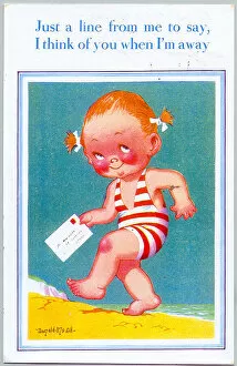 Comic postcard, Little girl with letter on the beach Date: 20th century