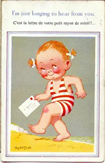 Sunbeam Prints: Comic postcard, Little girl with letter on the beach (in English and French) Date
