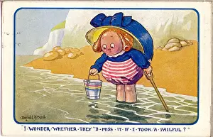 Comic postcard, Little girl paddling at the seaside Date: 20th century