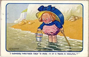 Pail Gallery: Comic postcard, Little girl paddling at the seaside Date: 20th century