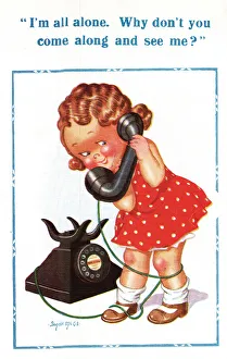 Comic postcard, Little girl on the phone