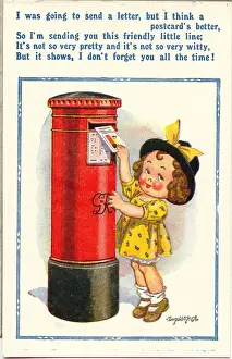 Posting Prints: Comic postcard, Little girl posting a card Date: 20th century