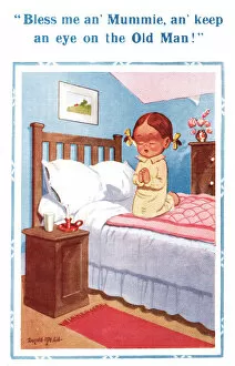 Images Dated 16th March 2021: Comic postcard, Little girl praying on her bed