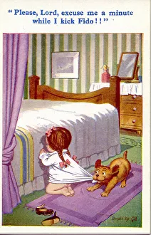 Comic postcard, Little girl praying by her bed, interrupted by dog Date: 20th century