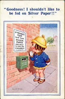 Comic postcard, Little girl reading notice Date: 20th century