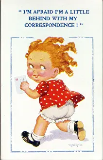 Posting Prints: Comic postcard, Little girl running to post a letter Date: 20th century
