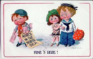 Vendor Prints: Comic postcard, Little girl with sailor boy and news vendor. Date: 1914-1918