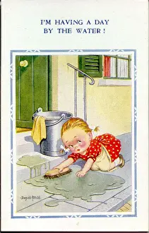 Comic postcard, Little girl scrubbing the front step Date: 20th century