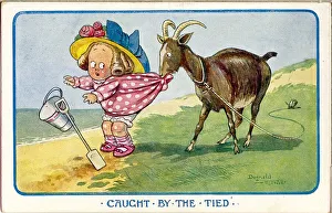 Comic postcard, Little girl at the seaside with goat Date: 20th century Comic postcard, Little girl at the seaside with goat Date: 20th century