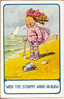 Comic postcard, Little girl at the seaside on a windy day Date: 20th century Comic postcard, Little girl at the seaside on a windy day Date: 20th century