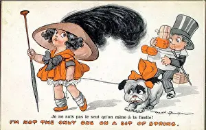 Spurgin Prints: Comic postcard, Little girl shopping with boy and dog - I'm not the only one on a bit of string
